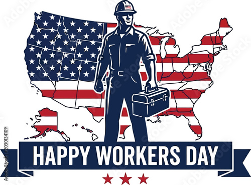 Labor day illustration american worker with tool bag standing before usa map and patriotic banner