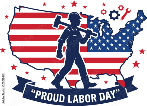 Labor day illustration with construction worker silhouette and american flag map design
