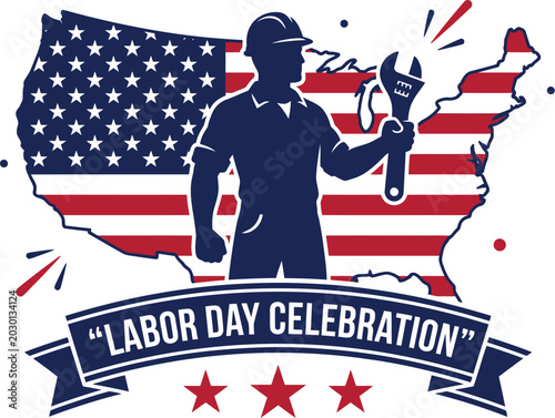 Labor day graphic featuring a silhouetted worker with wrench against a united states map backdrop