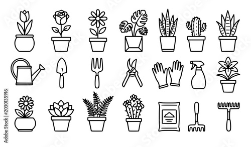 Flower pot icon set vector outline floral plant symbols isolated on white