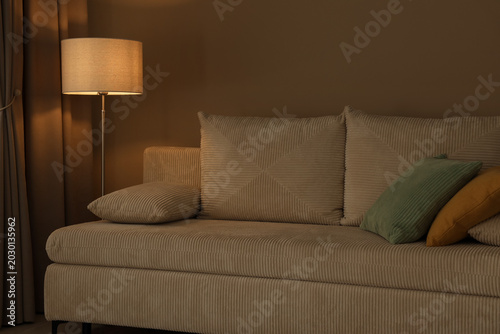 Stylish floor lamp and sofa indoors. Interior design