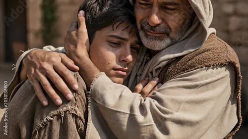 Emotional embrace between an older father and a crying son in tattered clothing. The return of the prodigal son biblical narrative. Close-up of forgiveness and compassion