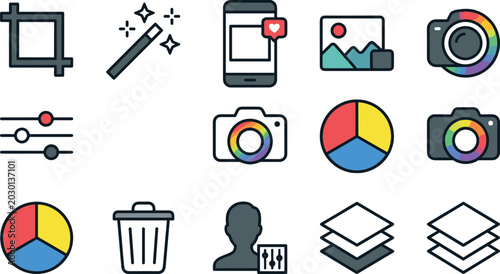 Tableau sur toile Photo editing and graphic design icon set featuring crop tools, color adjustment