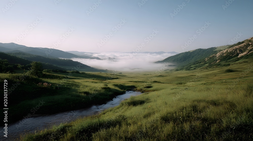 Fototapeta premium A serene landscape of rolling green hills shrouded in morning mist and atmospheric fog