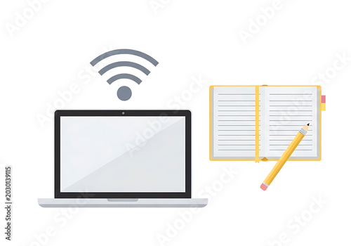 Laptop computer with wifi signal and notebook pencil on white background transparent background