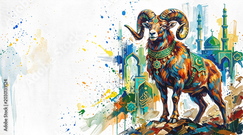 Colorful watercolor illustration of a decorated ram and mosque for Eid al-Adha festival. Islamic holiday background template with copy space