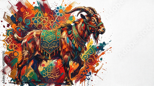 Colorful watercolor illustration of a decorated goat with Islamic patterns for Eid al-Adha festival. Qurban greeting card background with copy space