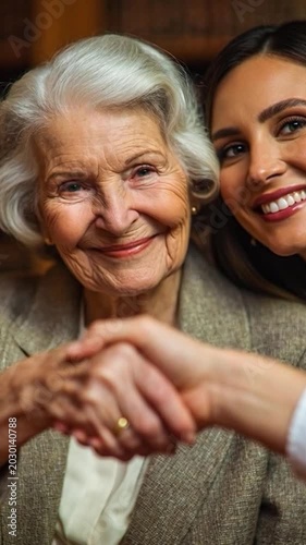 Senior mentor shaking hands with young woman. Career legacy concept.