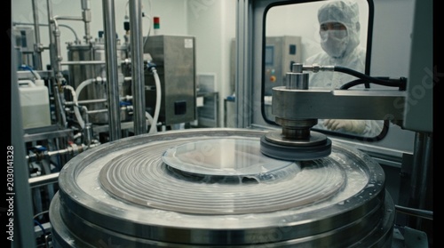 Medium shot of CMP polishing process showing oxide wafer surface smoothing as slurry blends with rotating pad emphasizing precision in semiconductor manufacturing.