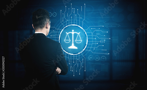 Schilderij op canvas Futuristic digital law interface displaying justice scale, highlighting digital law, AI compliance, digital law systems, and digital law regulations for secure governance