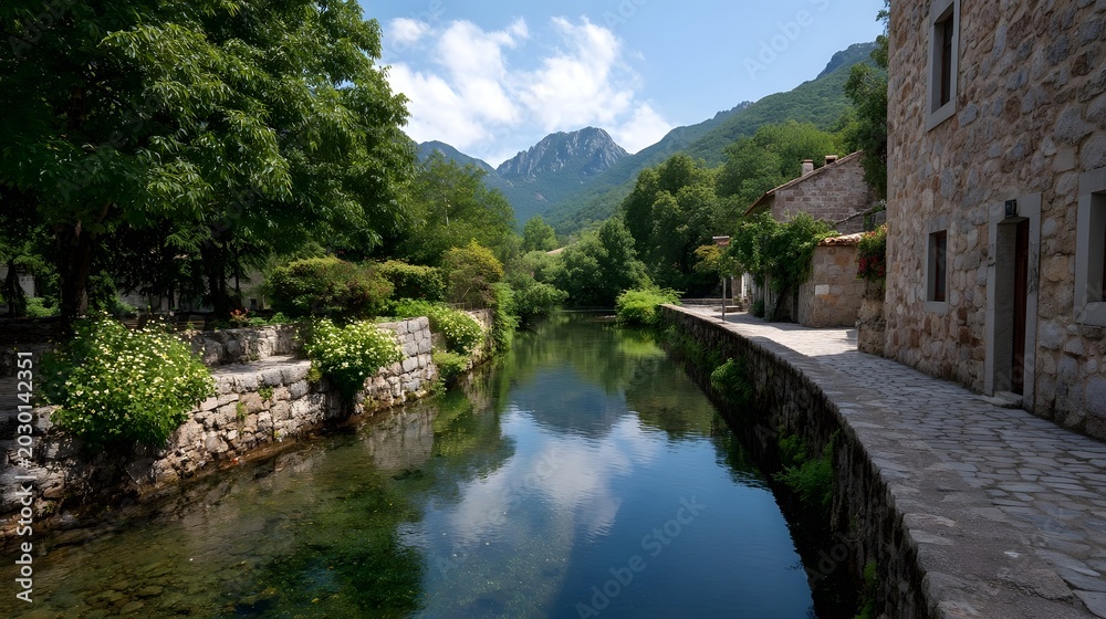 Fototapeta premium An old stone wall and pathway bordered by lush greenery leads toward a mountainous landscape