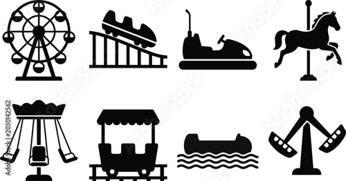 Foto Set of eight black silhouette representing amusement park rides and carnival att