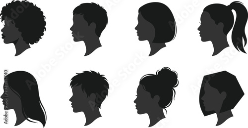 Foto Set of eight black silhouettes of female head profiles with various hairstyles i