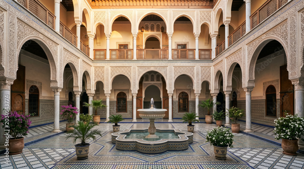 Obraz premium Classic Marble Fountain Courtyard Surrounded By Historic Pointed Arches And Colorful Intricate Patterned Tiles Design