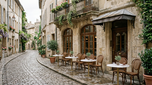 Charming Old World Cafe Exterior Showcasing Fine Marble Tables Bentwood Chairs Quiet Cobblestone Street Photography