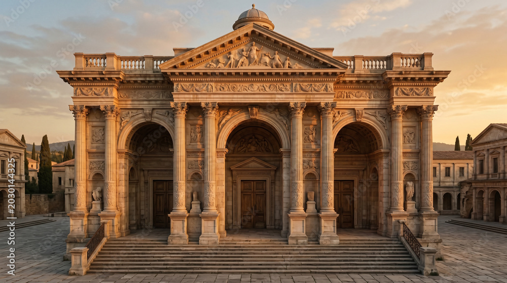 Obraz premium Ancient library facade features carved columns and monumental stone details glowing in soft gold light