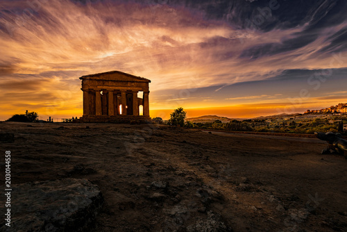 Temple of Concordia at sunset in the Valley of the Temples, Agrigento, Sicily, Italy.