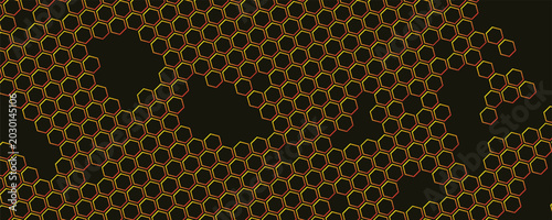 Gold, yellow, orange beehive background. Honeycomb, bees hive cells pattern. Bee honey shapes. Vector geometric seamless texture symbol. Hexagon, hexagonal raster, mosaic cell sign or icon. Gradation.