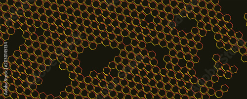 Gold, yellow, orange beehive background. Honeycomb, bees hive cells pattern. Bee honey shapes. Vector geometric seamless texture symbol. Hexagon, hexagonal raster, mosaic cell sign or icon. Gradation.