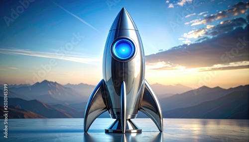 Gleaming rocket poised for launch against a serene mountain sunrise