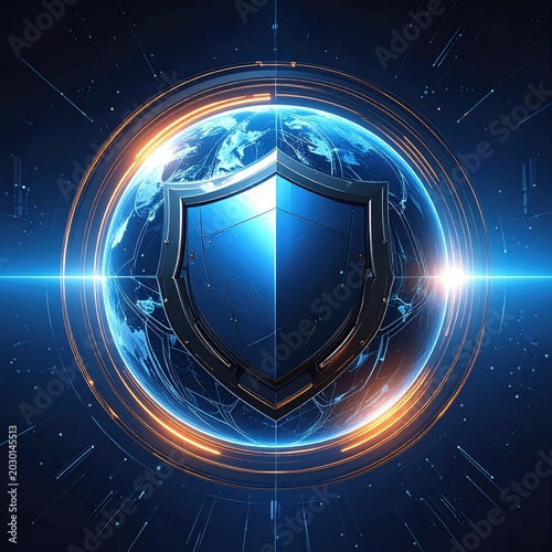 Glowing digital shield protects a luminous Earth from incoming light beams