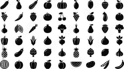 Foto Big collection of fruits and vegetables black icons including apple banana straw