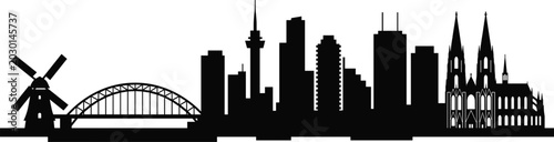Konstfotografi City skyline black silhouette panorama with landmarks including cathedral windmi