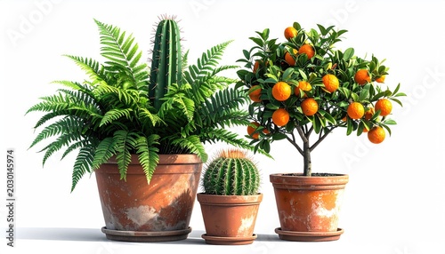 Three potted plants lush fern, columnar cactus, and fruiting citrus
