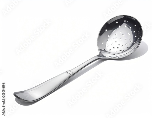 Gleaming metal slotted serving spoon with elegantly curved handle