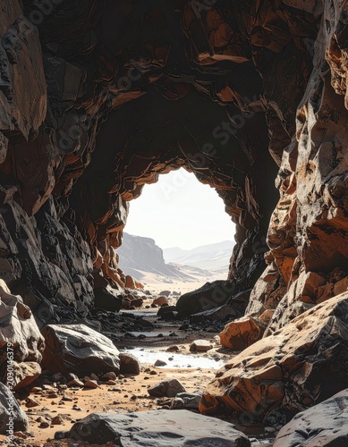 Gloomy cavern interior opens to sunlit desert landscape