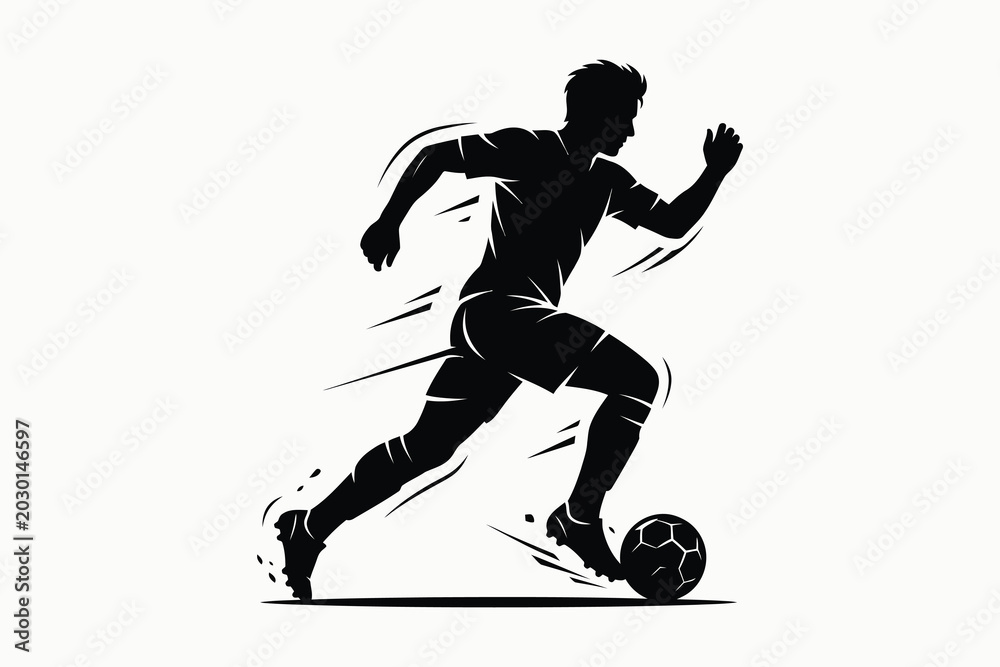 Fototapeta premium Dynamic silhouette of soccer player running fast while dribbling ball on isolated white background for sport graphics.