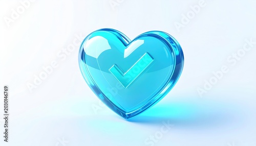 A translucent blue heart with a glowing checkmark inside, against white