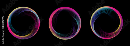 Abstract sound wave visualization with neon circular rings and radial audio spectrum bursts creating dynamic motion against dark background with vibrant gradient light effects