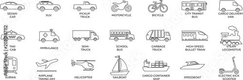 Public transit and vehicle transportation outline vector icon set