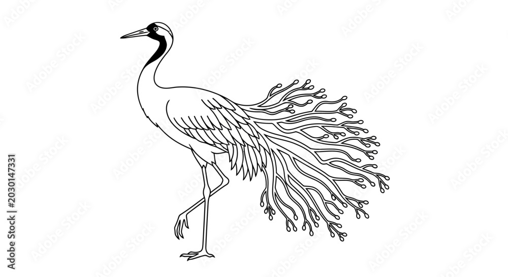 Fototapeta premium Elegant Crane Bird with Ornate Tail Feathers, Line Art Illustration