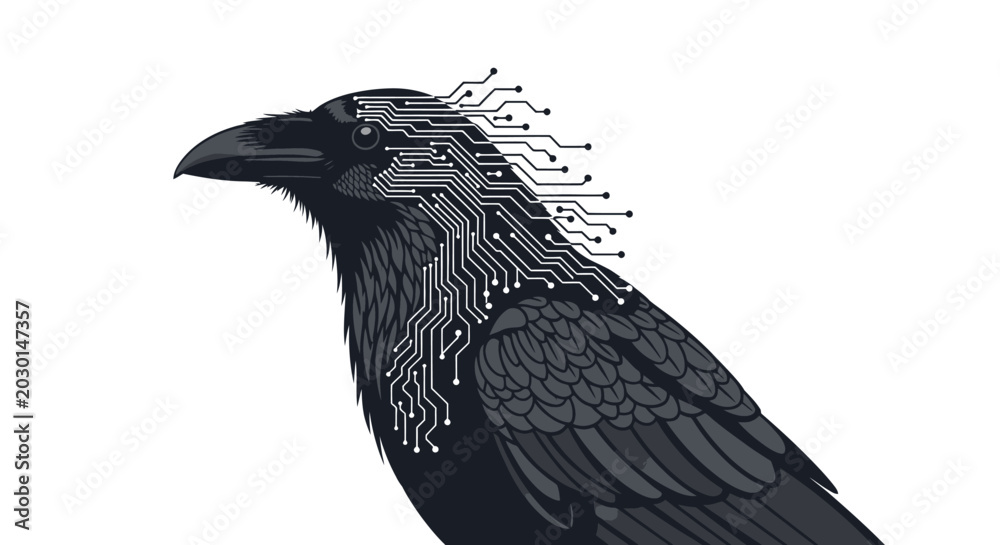 Fototapeta premium Futuristic Raven with Cybernetic Brain Circuitry - AI Concept