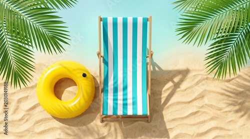 Summer vacation concept, top view of beach chair and inflatable ring on sand with palm leaves.