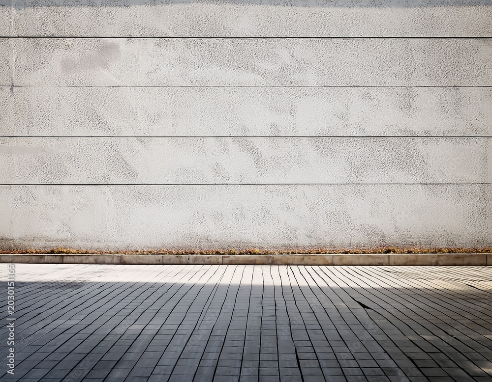 Fototapeta premium city street with long concrete wall covered in white plaster featuring copy space and mockup