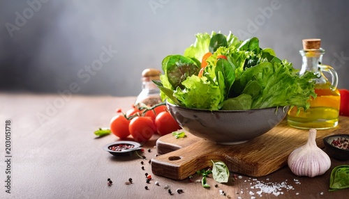 fresh salad greens of lettuce with spices and fresh vegetables vegetarian and healthily cooking concept copy space selective focus