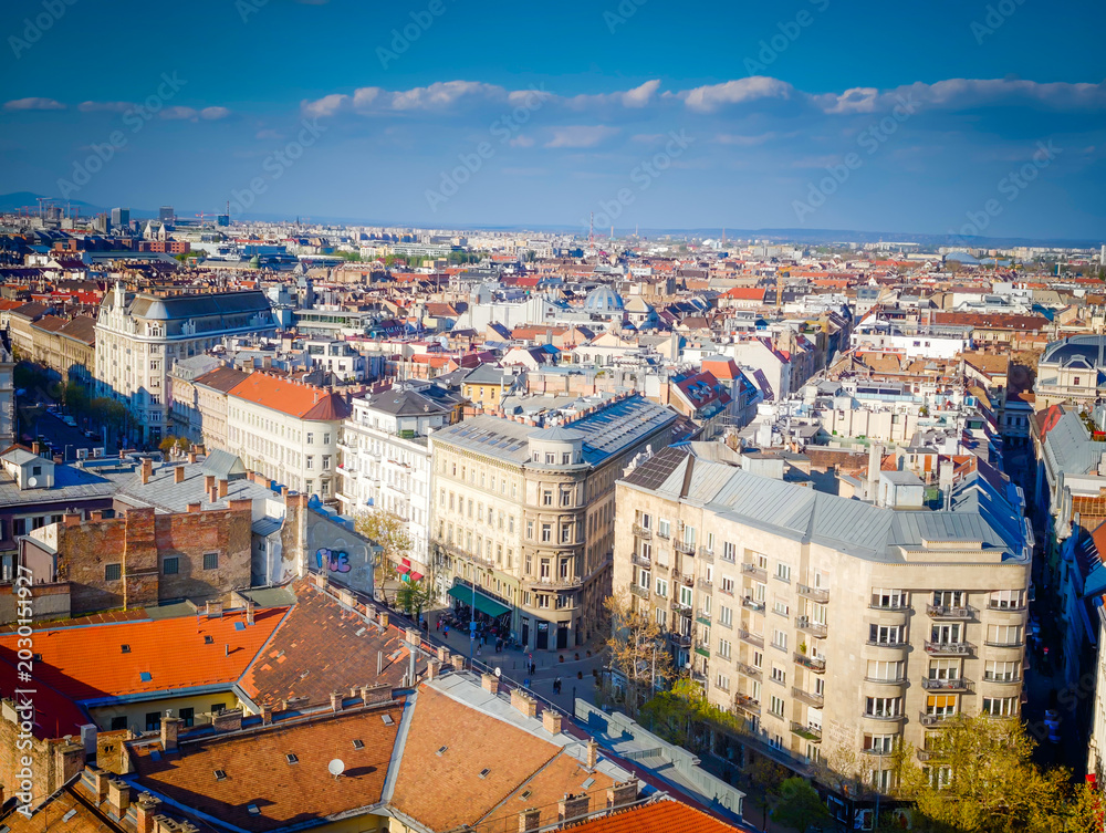 Obraz premium Aerial drone panorama of Budapest Old Town, Hungary. Historic cityscape with iconic architecture and Danube River in Hungary. Panoramic view