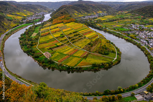Autumn Moselle River Bend with Colorful Fields and Vineyards