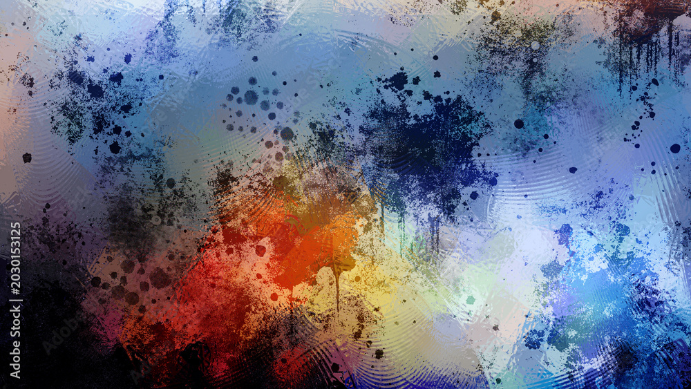 Fototapeta premium Abstract colorful background with paint splatters and textured brushstrokes in blue red orange and yellow hues
