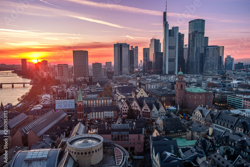 Frankfurt Skyline at Red Winter Sunset Over the Main River