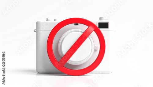 Minimalist white camera with a red forbidden symbol over the lens