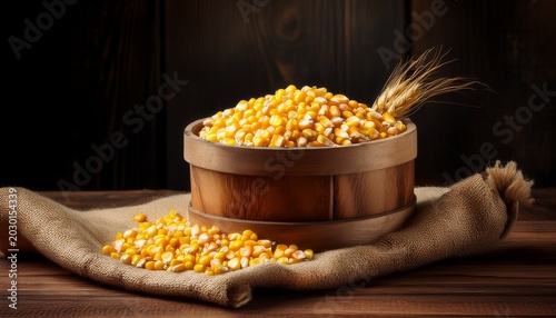 wooden container brimming with corn kernels on burlap cloth atop rustic wooden table ideal for farm design projects