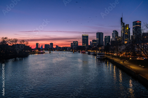 Frankfurt Skyline at Red Winter Sunset Over the Main River
