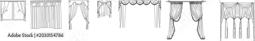 Technical vector set of classic window curtains and elegant drapery, featuring front elevation layout blueprints for decor.