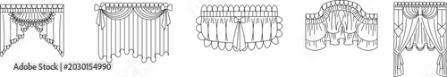 Foto Collection of curtain and drapery design symbols featuring scalloped valances, swags with tails, gathered treatments, and ornate arrangements with fringe and ruffles