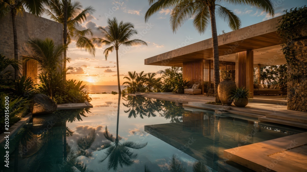 Fototapeta premium Sunset over a modern tropical villa with a luxurious infinity pool reflecting swaying palm trees and golden sky, open-air lounge and wooden deck overlooking the ocean.