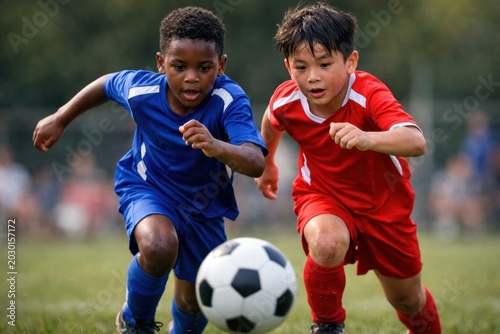 Two Young Soccer Players Sprinting Toward Football Ball During Competitive Youth Match Outdoors. Football World Cup concept. Soccer concept. Childhood Football concept with copy space.